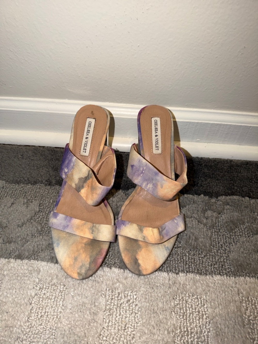 Chelsea & Violet Tie-Dye Slide Mules in Purple and Tan